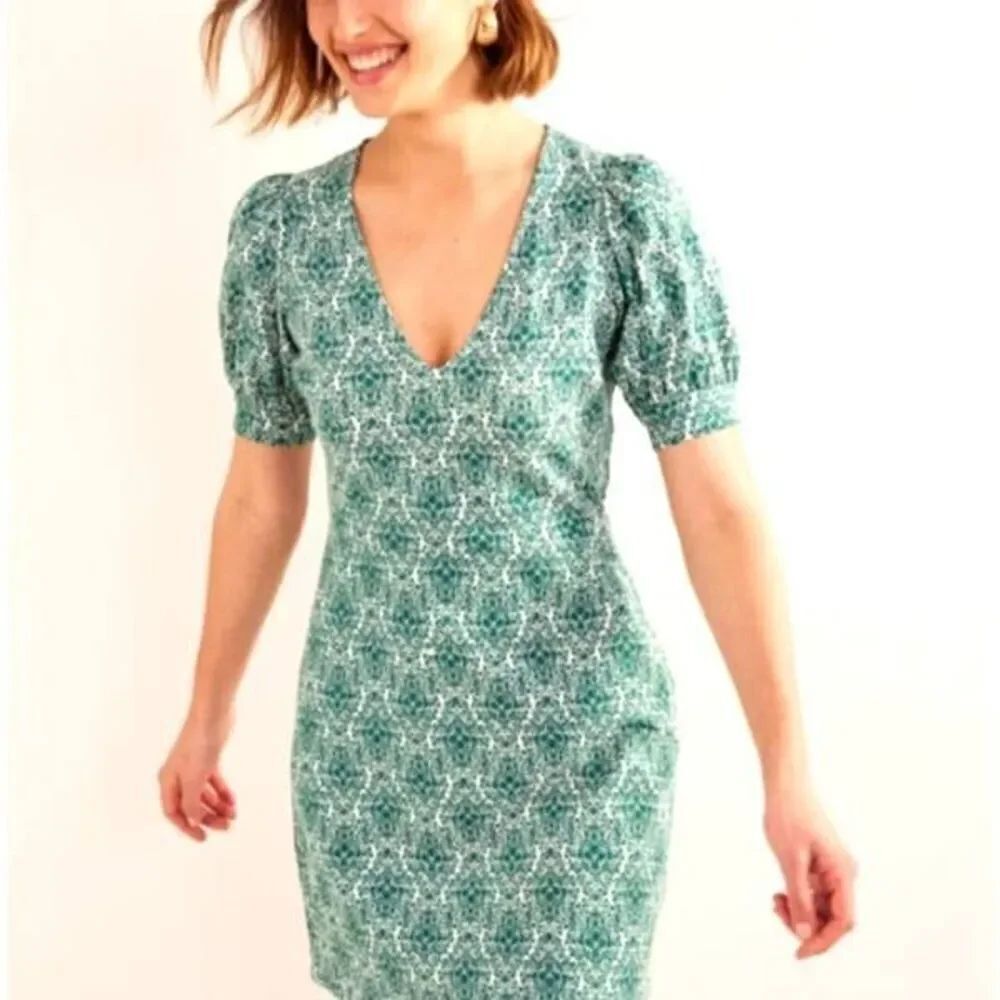 Boden V-Neck Jersey Mini Green and White Short Puff Sleeve Dress -Size 2R